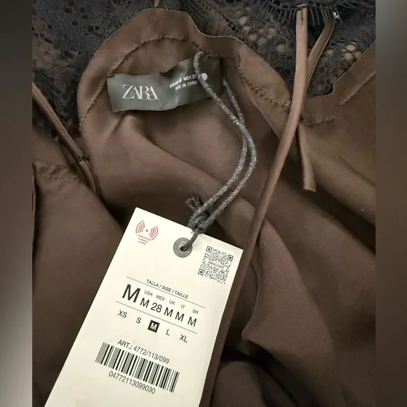 NWT Zara Asymmetric Satin Lace Dress in Black/ Brown Size M - Picture 13 of 16